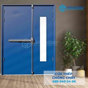 Cửa Thép Chống Cháy 2P1G1 xanh duong